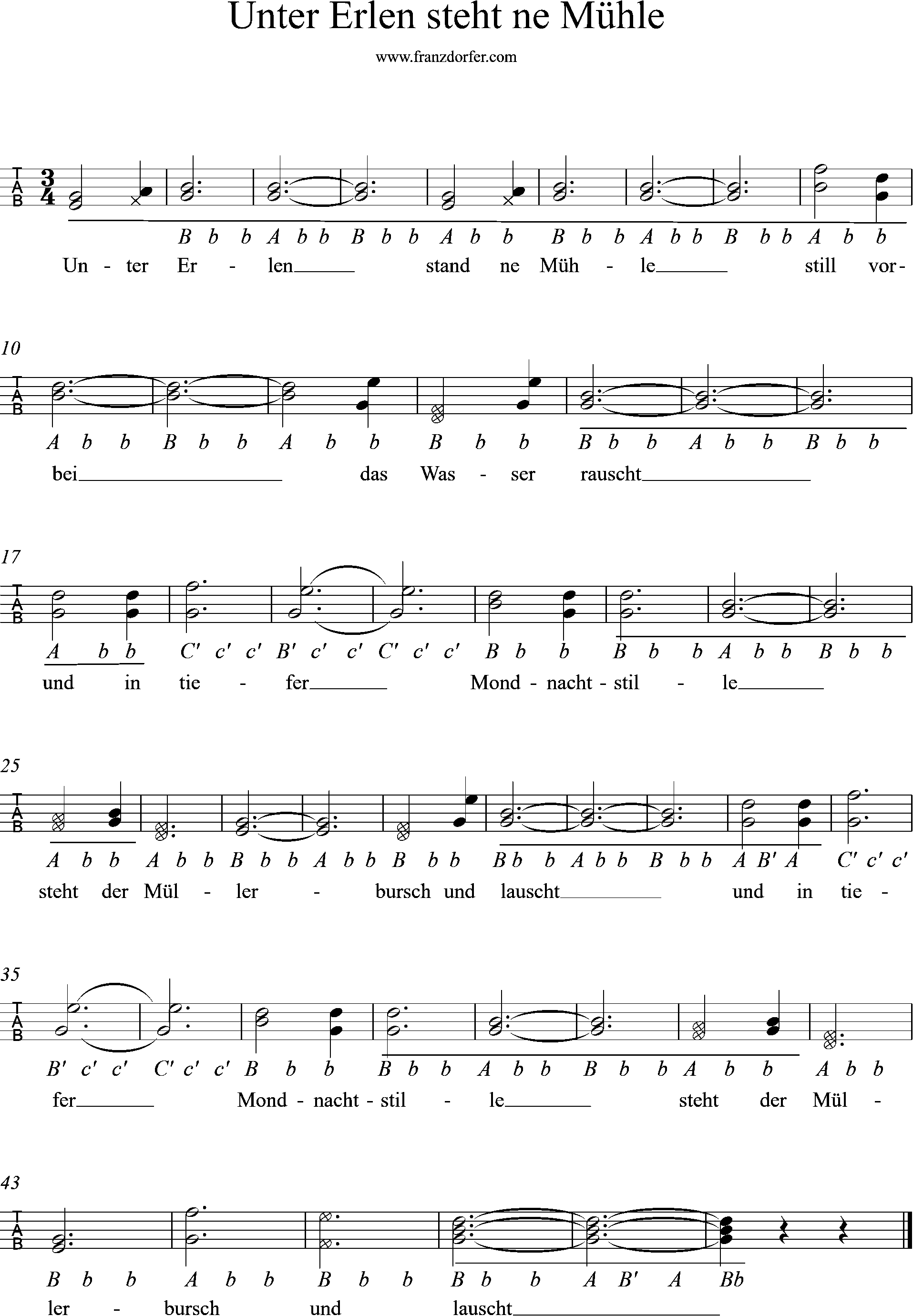 Steirische Harmonika, Griffschrift leernen- Unter Erlen steht ne Mühle